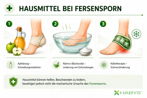 Hausmittel bei Fersensporn: Apfelessig, Natronbad und Kälte helfen gegen Schwellungen und Entzündungen, lindern die Fersensporn-Symptome.