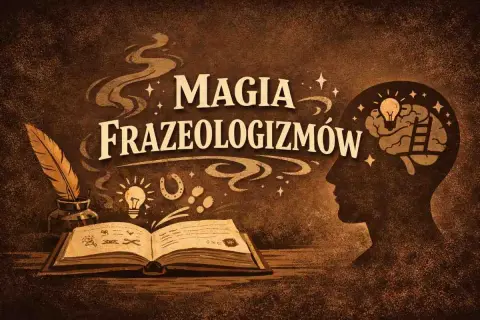 Magia frazeologizmów w głowie, gdzie wiedza rośnie jak na drożdżach. Księga, pióro i podkowa symbolizują bogactwo języka.