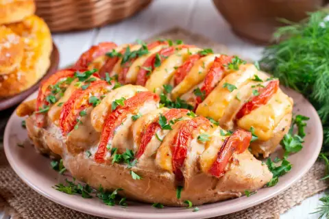 Pyszne pieczone piersi z kurczaka z pomidorami i serem, posypane natką pietruszki. Idealne co na obiad z kurczaka!