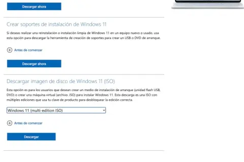 Herramienta de creación de soportes para Windows 11. Descarga la ISO o crea un USB/DVD de arranque.