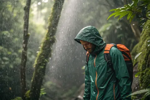 Ein Mann mit Rucksack wandert im Regen. Seine grüne Nylonjacke hält ihn trocken, aber unter der Kapuze schwitzt man in Nylon.
