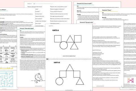 Grafika przedstawia fragmenty materiałów szkoleniowych z ćwiczeniami komunikacyjnymi, w tym schematy i ilustracje.