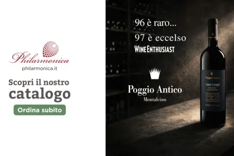 Bottiglia di vino Poggio Antico, un vino tipico di Verona, con etichetta "vigna i poggi". Scopri il catalogo Philarmonica.