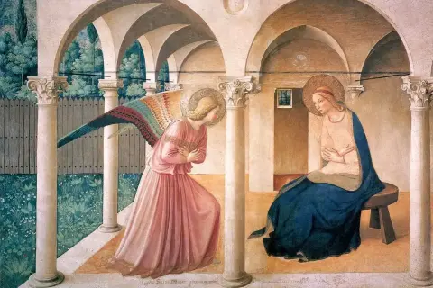 Anioł zstępuje do Maryi. To piękne dzieło sztuki przykłady, ukazujące scenę Zwiastowania.