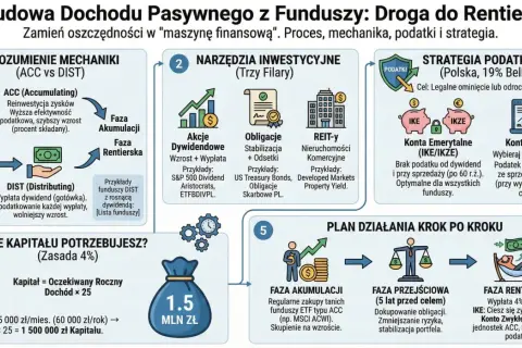 Schemat pokazuje, jak pomnożyć pieniądze przez budowę dochodu pasywnego z funduszy. Od zrozumienia mechaniki ACC/DIST, przez narzędzia inwestycyjne, strategię podatkową, aż po plan działania krok po kroku.