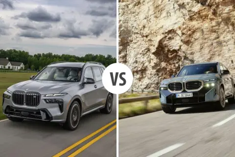 Dwa BMW: srebrne na tle posiadłości i szare na skalistej drodze. Czy to zapowiedź nowego BMW X8?