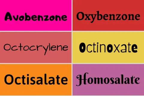 Sześć filtrów UV: Avobenzone, Oxybenzone, Octocrylene, Octinoxate, Octisalate, Homosalate. Zwróć uwagę na potencjalną szkodliwość octocrylene.