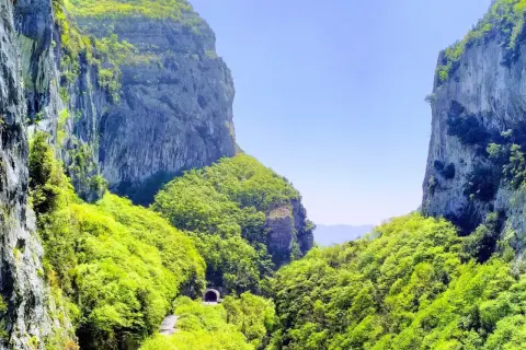 Un chemin serpente à travers les Gorges du Loup, menant à un tunnel creusé dans la roche, entouré d'une végétation luxuriante. L'itinéraire des Gorges du Loup offre un paysage spectaculaire.
