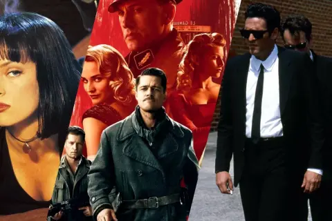 Kolaż postaci z kultowych quentin tarantino filmów: Uma Thurman, Brad Pitt, Christoph Waltz i panowie w czarnych garniturach.