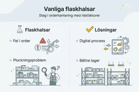 Vanliga flaskhalsar i orderhantering: fel i order, plockningsproblem. Lösningar: digital process, bättre lager. Exempel på instruktioner för effektivitet.