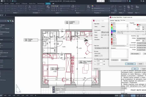 Aplikacja do projektowania wnętrz w programie AutoCAD, z widocznym oknem edytora stylów wydruku i planem mieszkania.