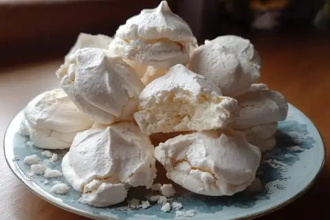 Stos białych, chrupiących bez na talerzyku. Idealne na deser, gdy masz ochotę na coś słodkiego. Prosty beza przepis to klucz do sukcesu!