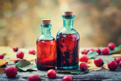 Dwa szklane, turkusowe butelki z korkami, wypełnione czerwonym płynem i owocami w alkoholu. Wokół leżą czerwone owoce i jesienne liście.