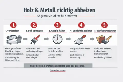 Schritt-für-Schritt-Anleitung zum Holz abbeizen: Vorbereiten, dick auftragen, Geduld haben, abziehen und Oberfläche vorbereiten.