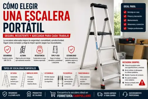 Guía para elegir una escalera portátil, considerando la altura de trabajo, resistencia y tipo de uso.