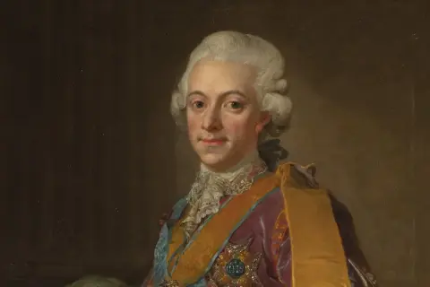 Porträtt av Adolf Fredrik, far till Gustav IV Adolf, i kunglig dräkt med ordnar.