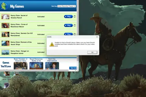 Błąd gry Nancy Drew: "Nie znaleziono urządzenia DirectX. Upewnij się, że masz zainstalowany DirectX 11 i najnowsze sterowniki karty graficznej.