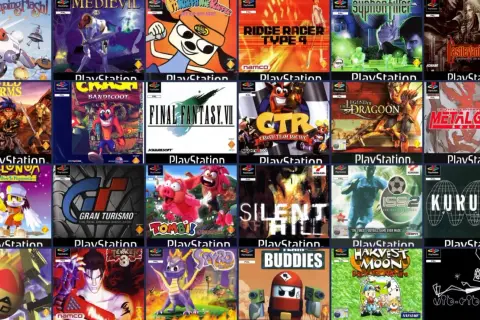 Kolekcja okładek gier na PlayStation, w tym Final Fantasy VII, Crash Bandicoot, Metal Gear Solid i inne klasyczne gry na PSP.