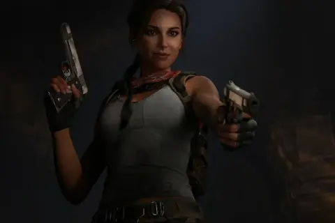 Lara Croft z pistoletami, gotowa do akcji w mrocznych ruinach. Ten **Tomb Raider Underworld poradnik** pomoże Ci przetrwać!