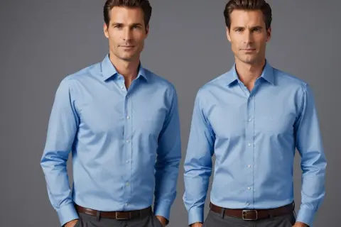Deux hommes portent des chemises bleues sans repassage, parfaites pour un style impeccable sans effort.
