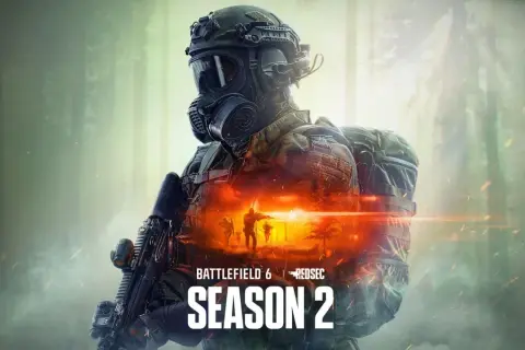 Soldat mit Gasmaske und Waffe, im Hintergrund eine brennende Szene. Battlefield 6 Season 2.