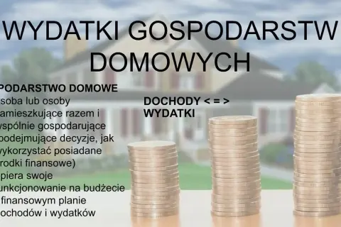 Wydatki gospodarstw domowych, dochody i wydatki. Stosy monet symbolizują finansową stabilność lub jej brak, co może być związane z recesją.