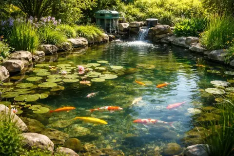 Ein idyllischer Gartenteich mit Seerosen und bunten Koi-Karpfen. Wo sind nur alle Fische aus dem Teich verschwunden?