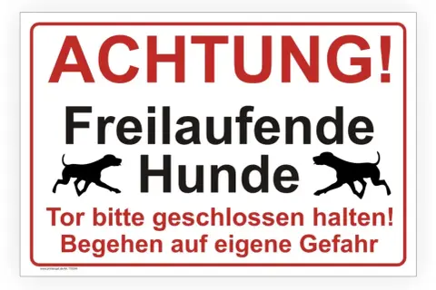 Achtung! Freilaufende Hunde. Ein fremder Hund rennt auf meinen Hund zu. Tor bitte geschlossen halten!