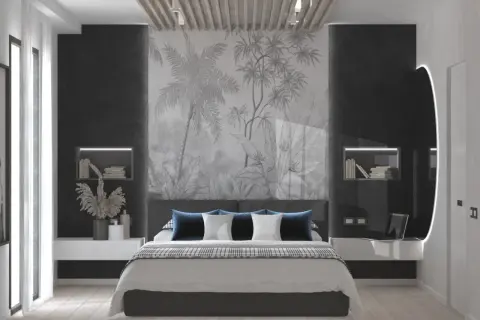 Camera da letto con pareti particolari dietro la testata: un murale tropicale su cartongesso crea un'atmosfera esotica.