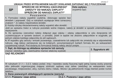 Formularz do złożenia skutecznego sprzeciwu od nakazu zapłaty. Zawiera pouczenia i rubryki do wypełnienia.