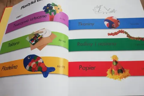 Książka praca plastyczna dla dzieci: tworzywa sztuczne, tektura, plastelina, tkaniny, rośliny i nasiona, papier.