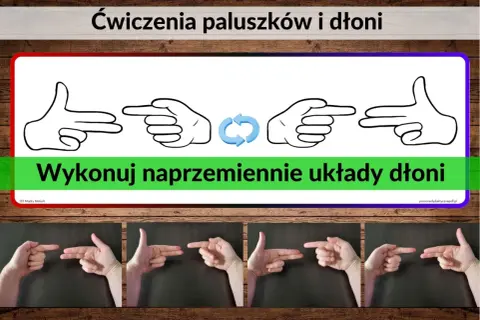 Ćwiczenie chwytu: naprzemienne układy dłoni, pokazane na rysunkach i zdjęciach.