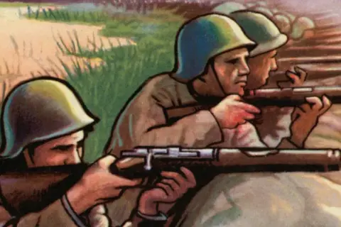 Soldados en trincheras, listos para la batalla de Jarama.