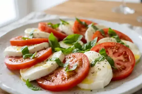 Salade Caprese fraîche avec des tranches de tomates rouges, de mozzarella crémeuse et des feuilles de basilic vert, arrosée d'huile d'olive.
