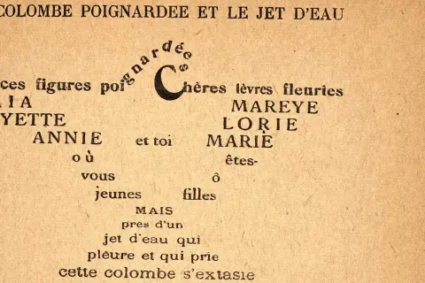 La colombe poignardée et le jet d'eau : des noms de jeunes filles entourent un jet d'eau qui pleure et prie, une colombe en extase.