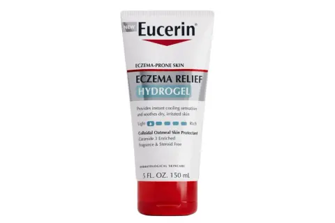 Biała tubka kremu Eucerin Eczema Relief Hydrogel z czerwonym zamknięciem.