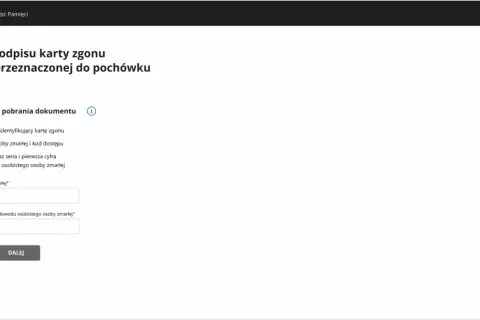 Formularz do pobrania odpisu karty zgonu. Wybierz, jak uzyskać duplikat karty zgonu: podając PESEL i serię dowodu zmarłej osoby.