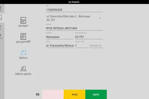 Formularz do wprowadzania danych firmy, gdzie można wybrać paragon lub faktura. Wpisano NIP, adres i nazwę firmy.