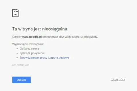 Błąd połączenia z serwerem www.google.pl. Sprawdź, jak sprawdzić IP serwera, proxy i zaporę sieciową.