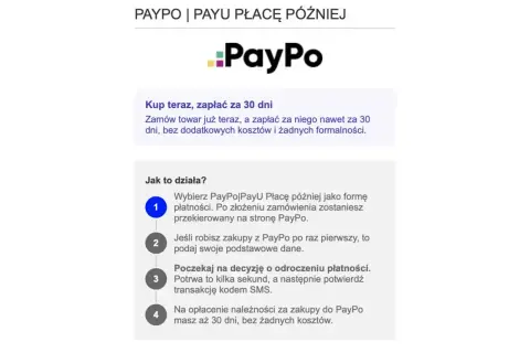 PayPo: kup teraz, zapłać za 30 dni bez kosztów. Jak działa PayPo? Wybierz płatność, podaj dane, poczekaj na decyzję i potwierdź SMS-em.