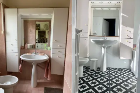 Avant/après d'une salle de bain : le sol rose a été remplacé par un carrelage géométrique noir et blanc, transformant l'espace.