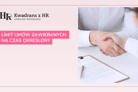 Uścisk dłoni symbolizuje zawarcie umowy. Na ekranie widoczny jest tekst "LIMIT UMÓW ZAWIERANYCH NA CZAS OKREŚLONY".