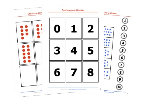 Tarjetas con números para repasar, puntos rojos y estrellas azules. Ideal para aprender las cantidades.