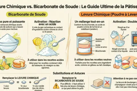 Le bicarbonate de soude est une base qui réagit avec un acide. La levure chimique est un mélange tout-en-un.