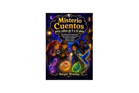 Ilustración de portada de "Misterio Cuentos", ideal para libros de misterio para niños de 10 a 12 años. Cuatro jóvenes detectives investigan pistas brillantes.