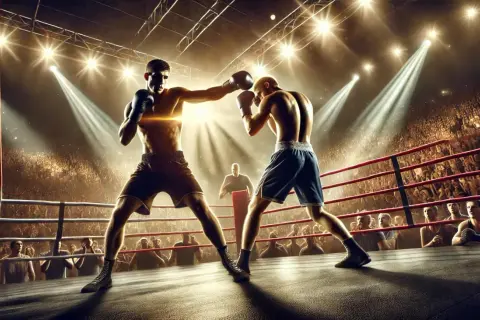 Two boxers clash in a dramatic, spotlight-lit ring. One throws a punch, his stance suggesting an unorthodox meaning in boxing, as a roaring crowd watches.