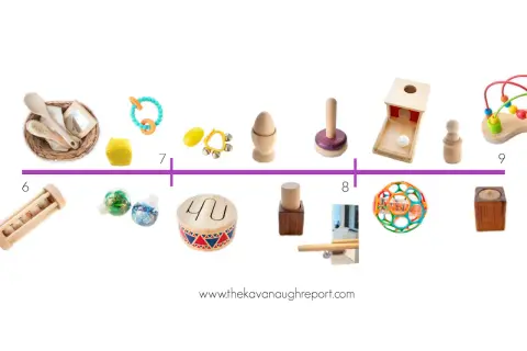 Montessori activities for 9 month old babies: wooden toys, rattles, sensory bottles, and a drum.