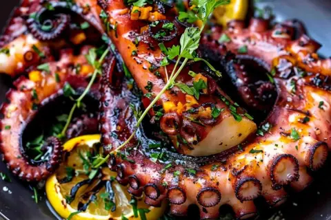 Delicioso pulpo a la brasa, tierno y jugoso, servido con rodajas de limón asado y perejil fresco picado. ¡Un manjar para disfrutar!