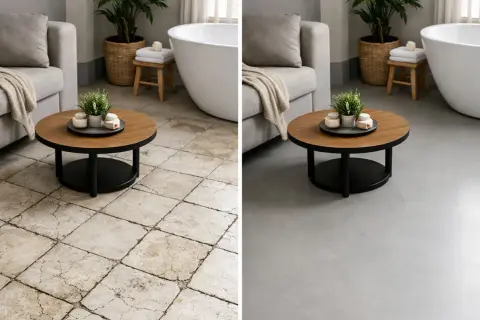 Avant/après : un sol carrelé vieilli transformé en une surface lisse et moderne grâce à une résine.