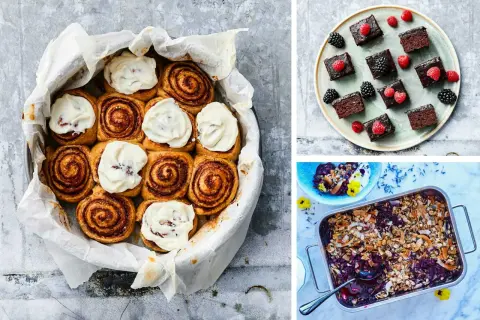 Kanelbullar med glasyr, chokladbitar med bär och en blåbärscrumble. Inspiration för vad man kan baka utan smör.